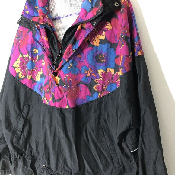 Vintage Black Floral Pullover Windbreaker Large - Picture 3 of 4